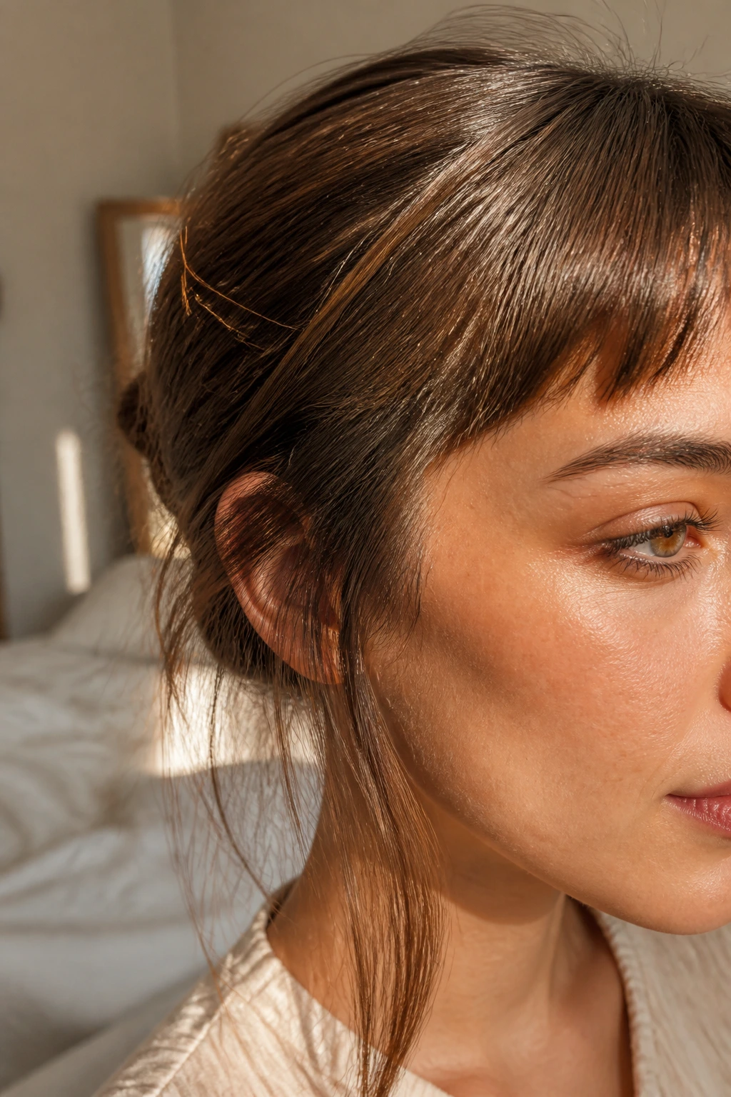 Temple softness close-up of a real woman showing tapered temple edge and soft fringe