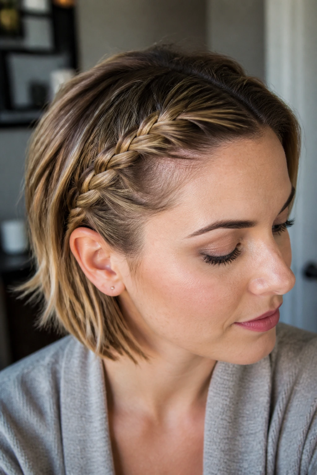 Close-up of jaw-length bob with temple-sweep side French braid along the hairline