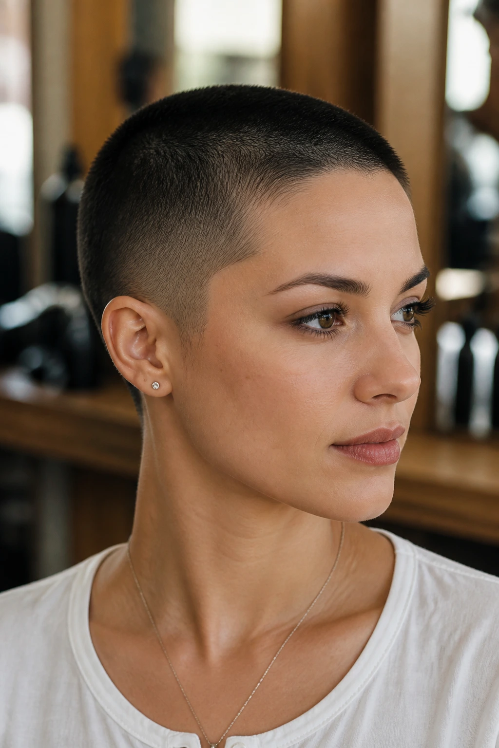 Close-up of a real woman with temple-taper buzz cut and soft temple edges.