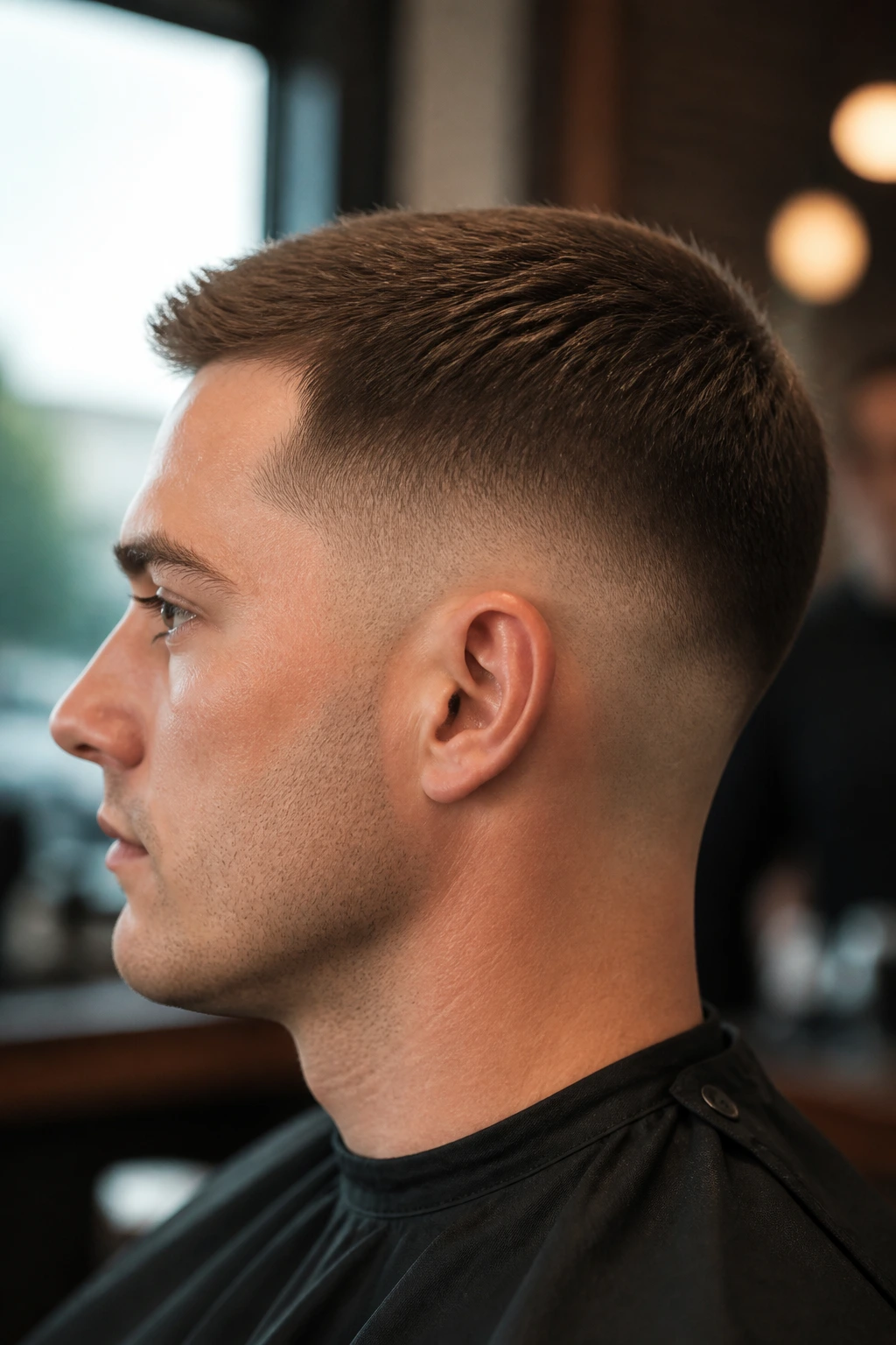 Profile of a real man with temple-taper crew cut in warm barbershop light