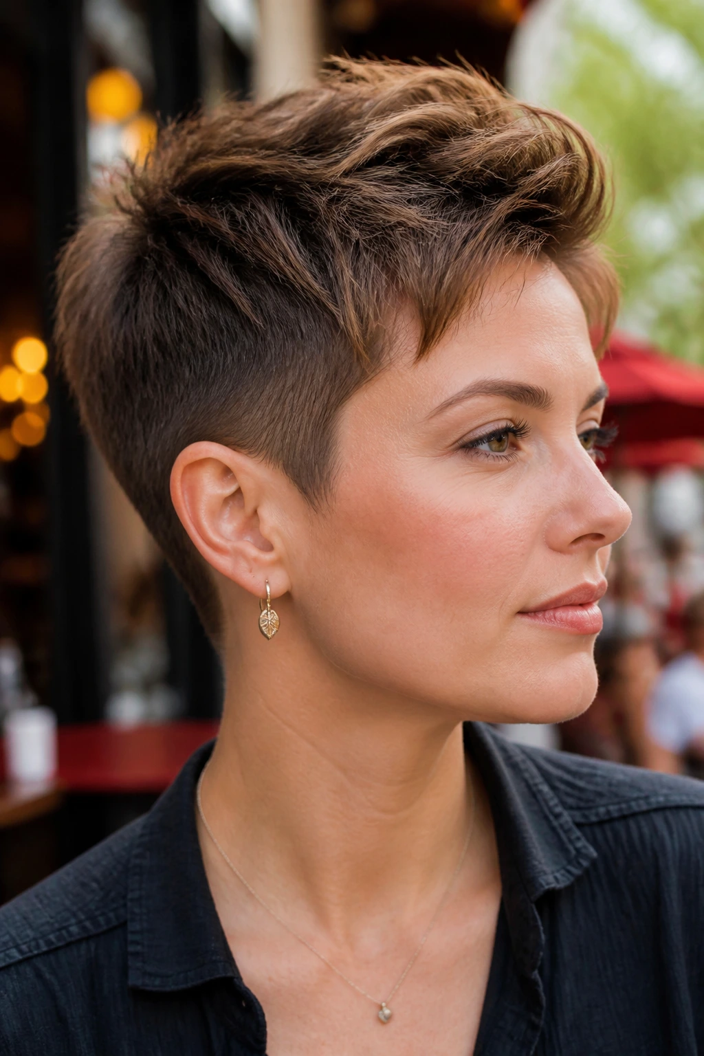 Portrait of a real person with temple-taper pixie showing tapered temples and textured top