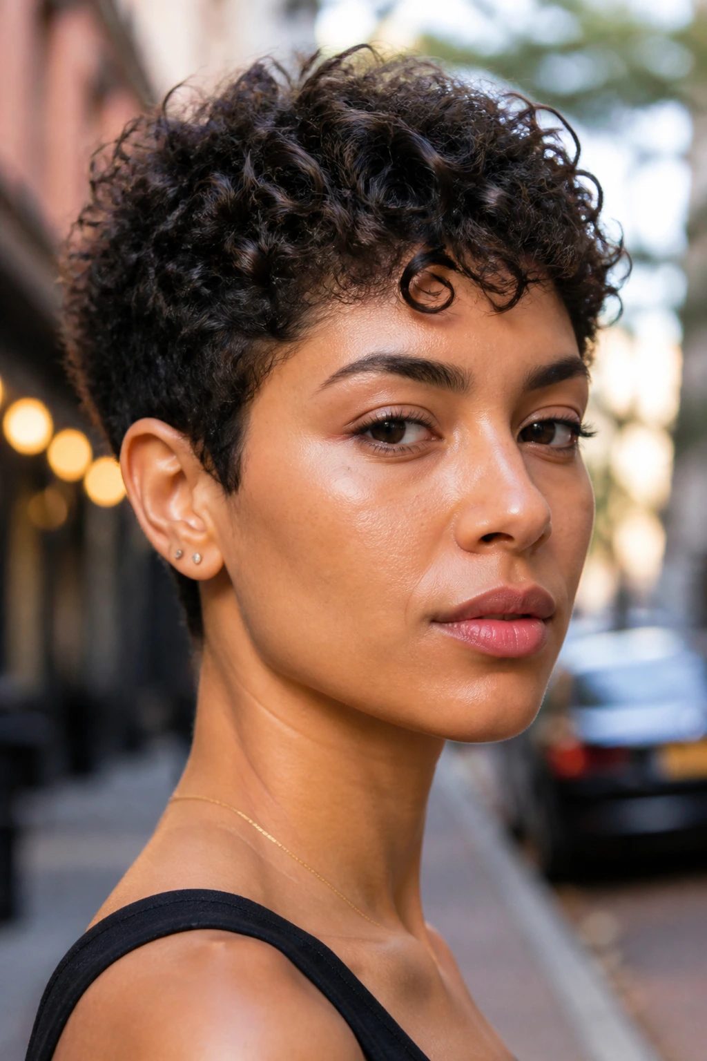 Close-up portrait of a real person with temple-tapered curly pixie.