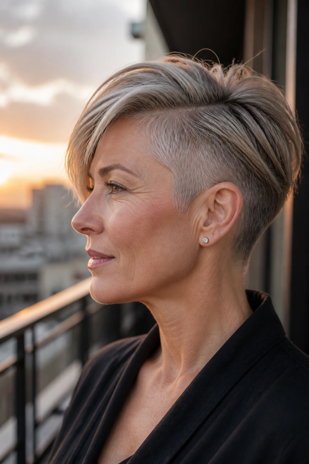 Side-profile of a woman with a long pixie and temple undercut outdoors at sunset