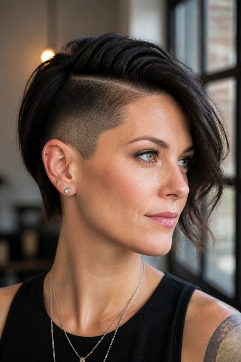 Portrait of a woman with a temple undercut and a side part