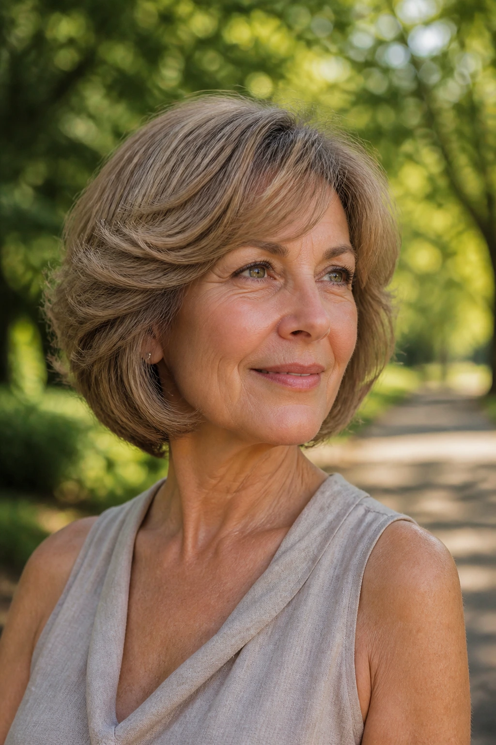 Portrait of a real woman with a temple-volumed feathered bob.