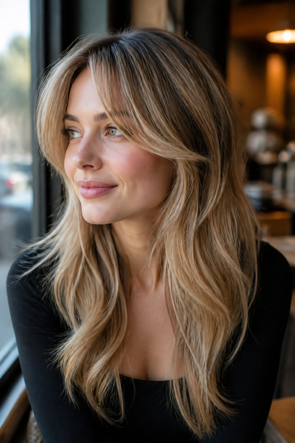 Close-up of a real woman with temple-starting fringe blending into long hair