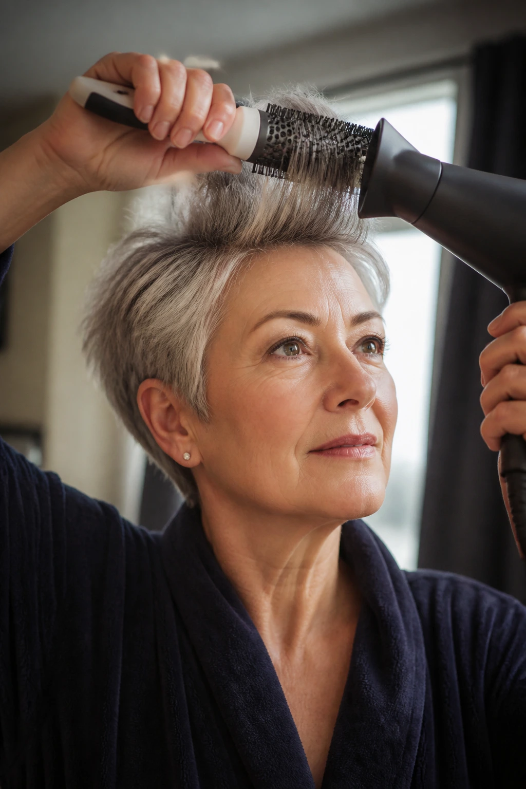 Close-up of a real woman quickly styling short hair using a round brush and a dryer.