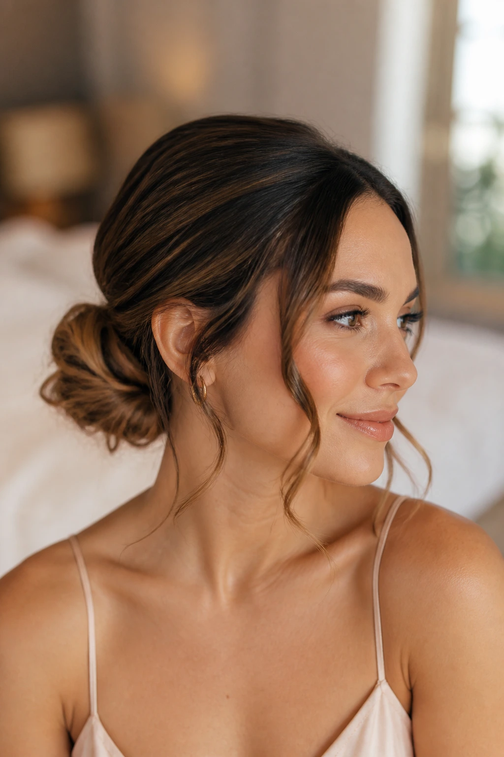Close-up of a real woman with a tendril softening bun at the nape and delicate tendrils