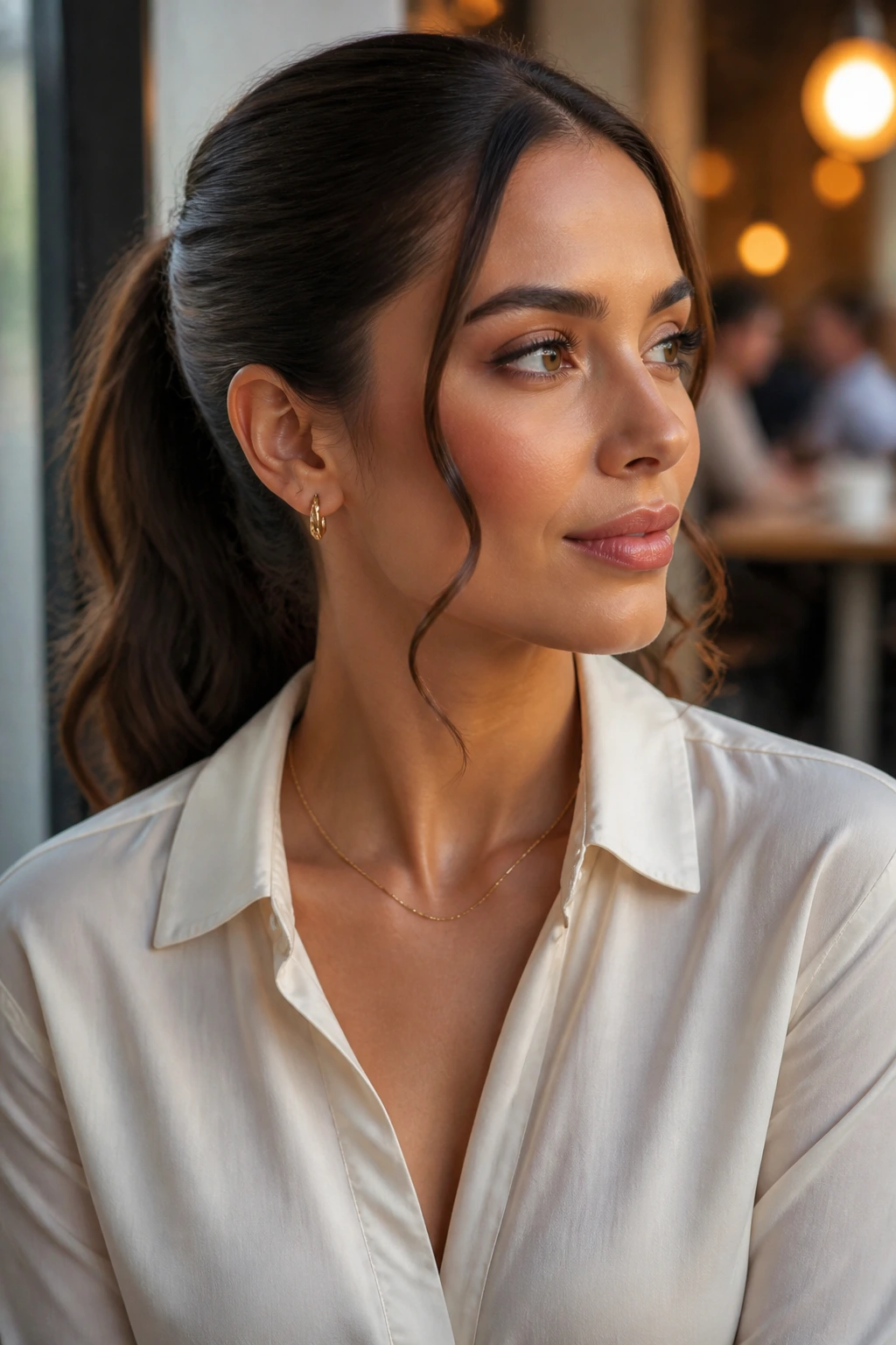 Close-up of a woman with tendrils framing her face and a sleek ponytail in a cafe setting
