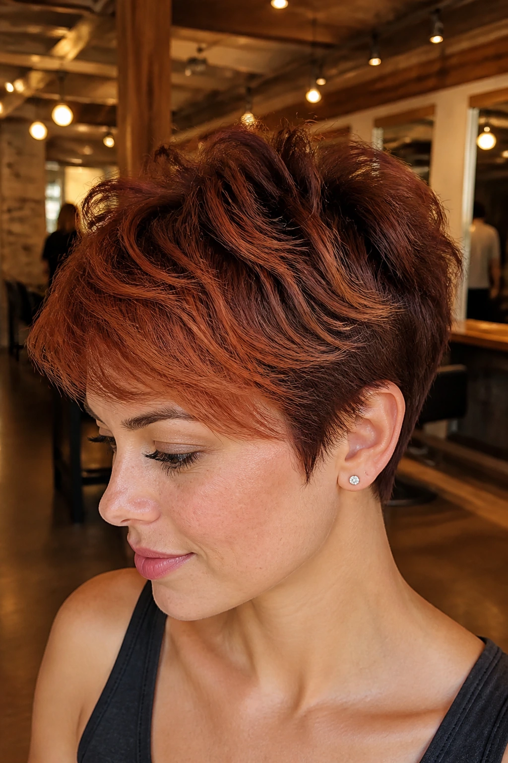 Close-up of a real person with dark auburn to terracotta ombre on a cropped haircut in warm salon light