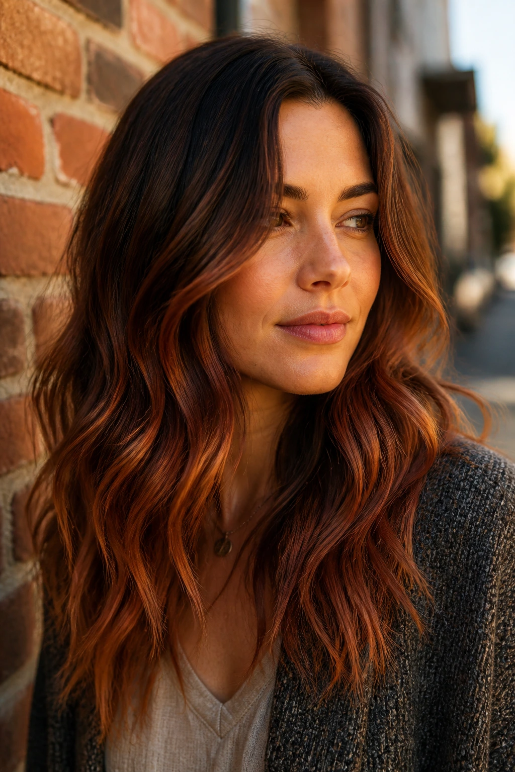 Portrait of woman with terracotta balayage on wavy hair against brick wall