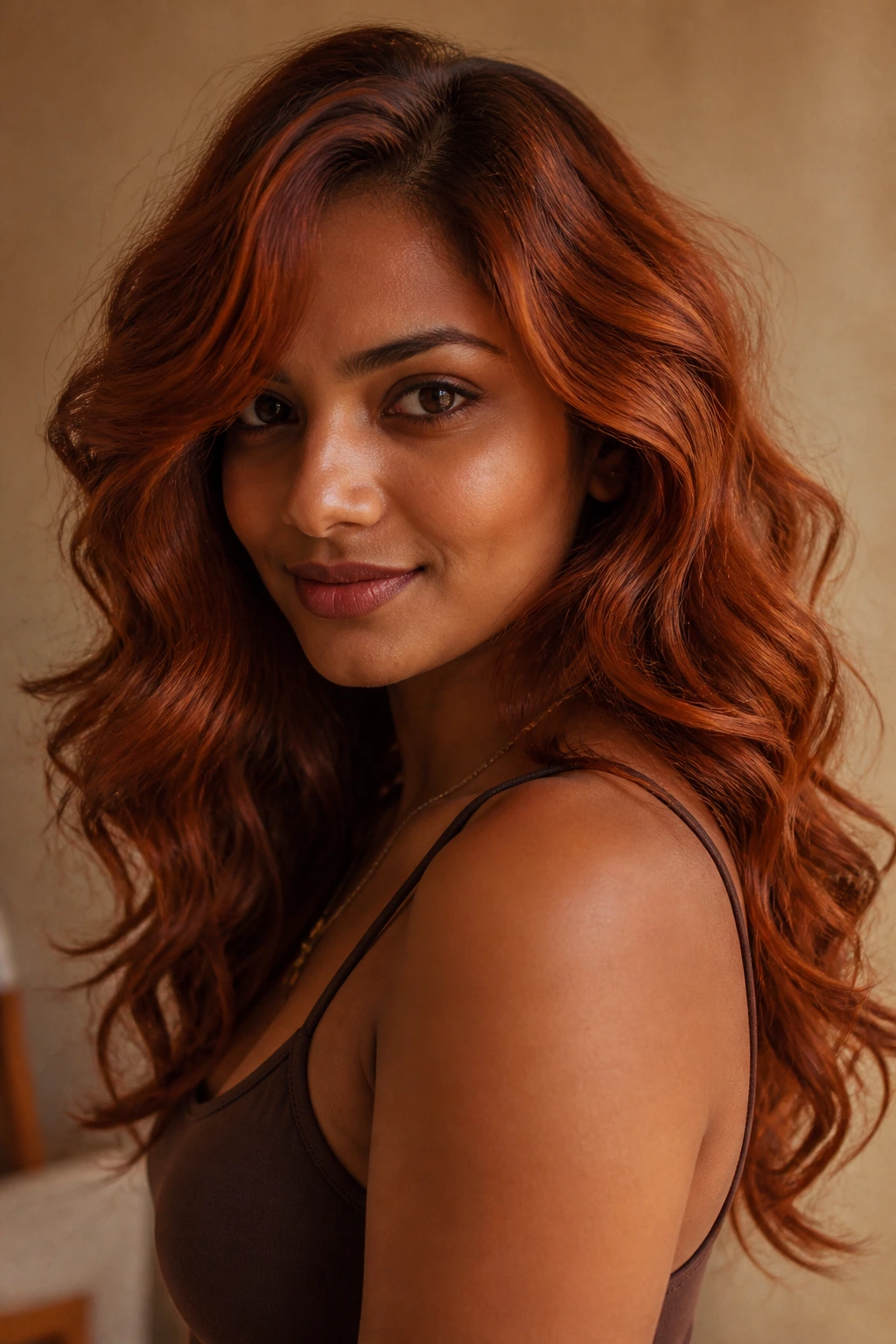 Close-up of a real woman with terracotta copper on medium-deep waves