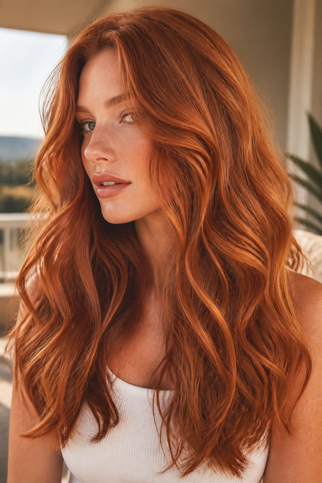 Close-up of a real person with terracotta ginger waves.