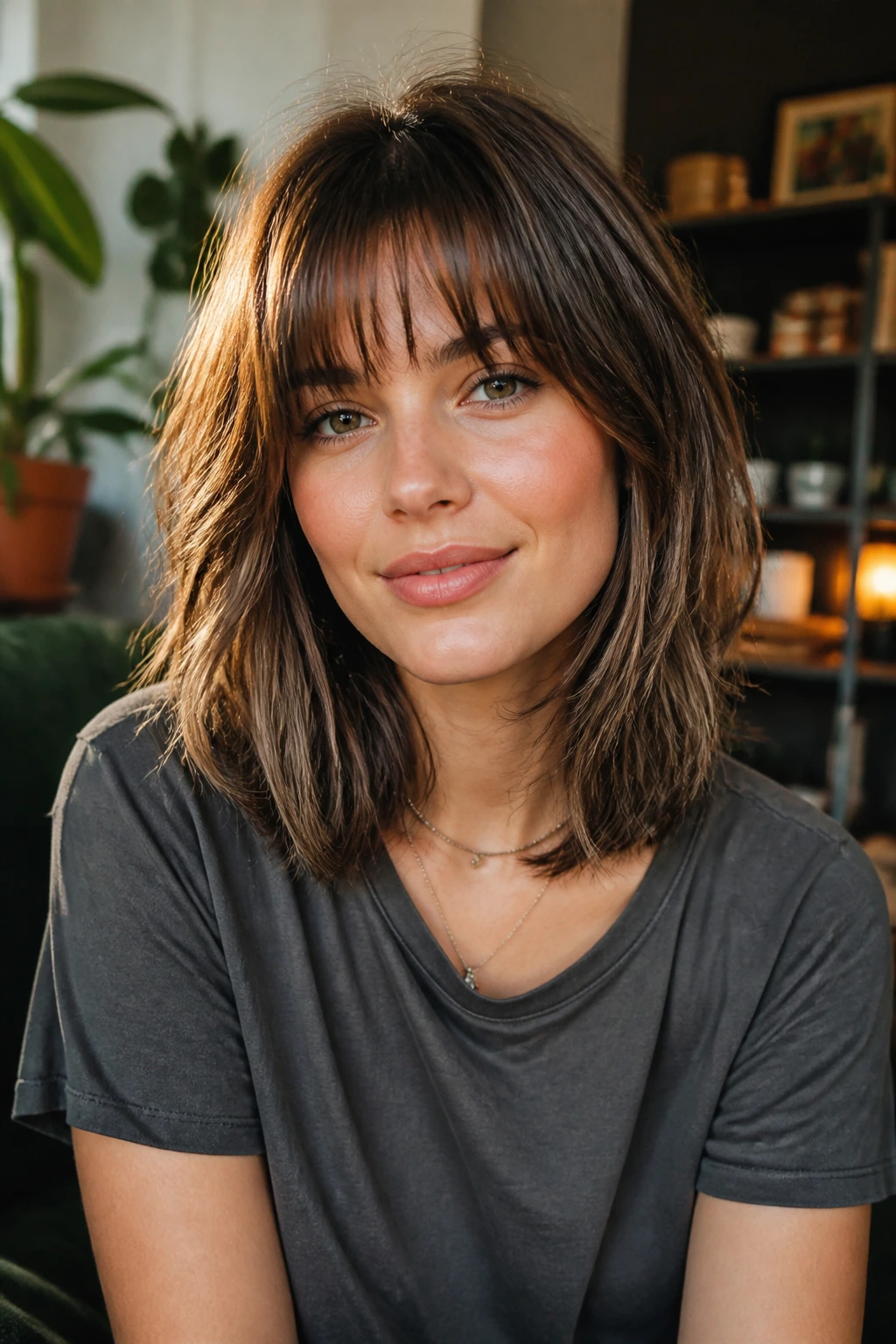 Portrait of a person with texture-tailored bangs in a cozy setting