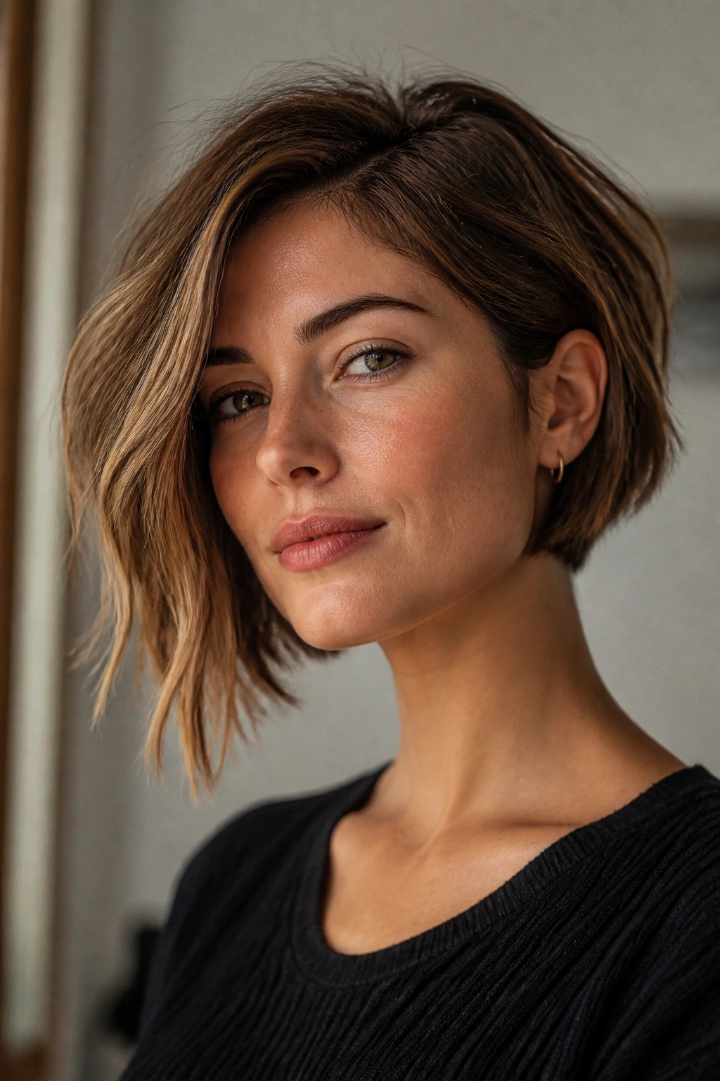 Close-up of a real woman with a textured asymmetrical bob