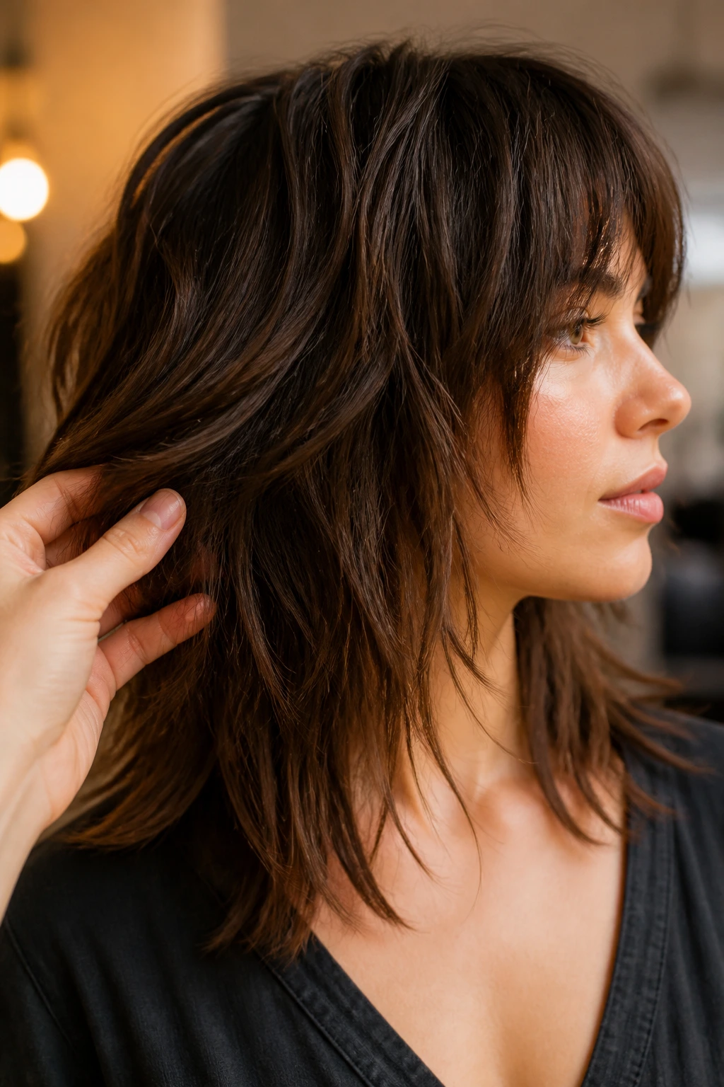Close-up of hand raking ends of layered shag to add texture