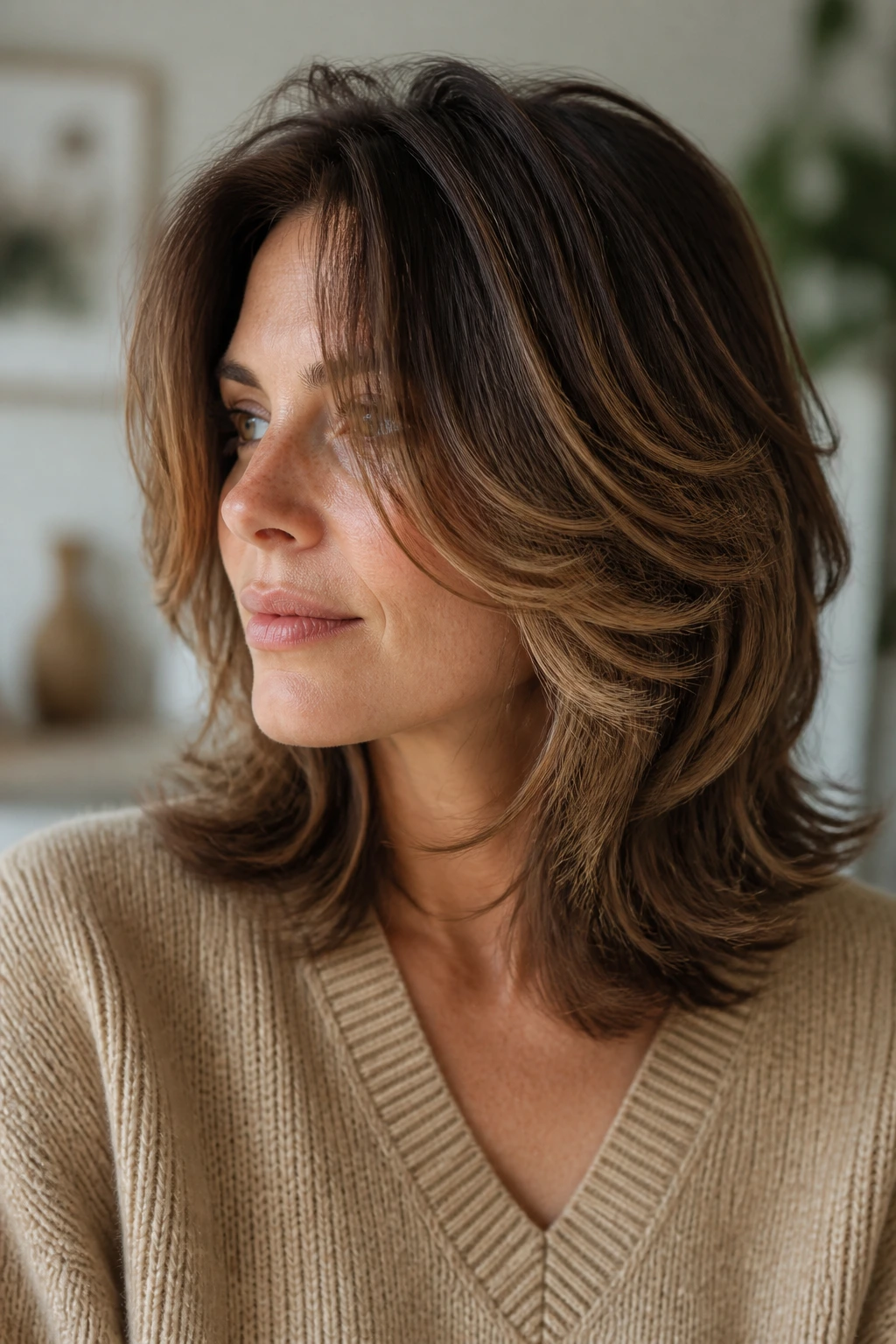 Shoulder-length feathered hair with visible texture and movement