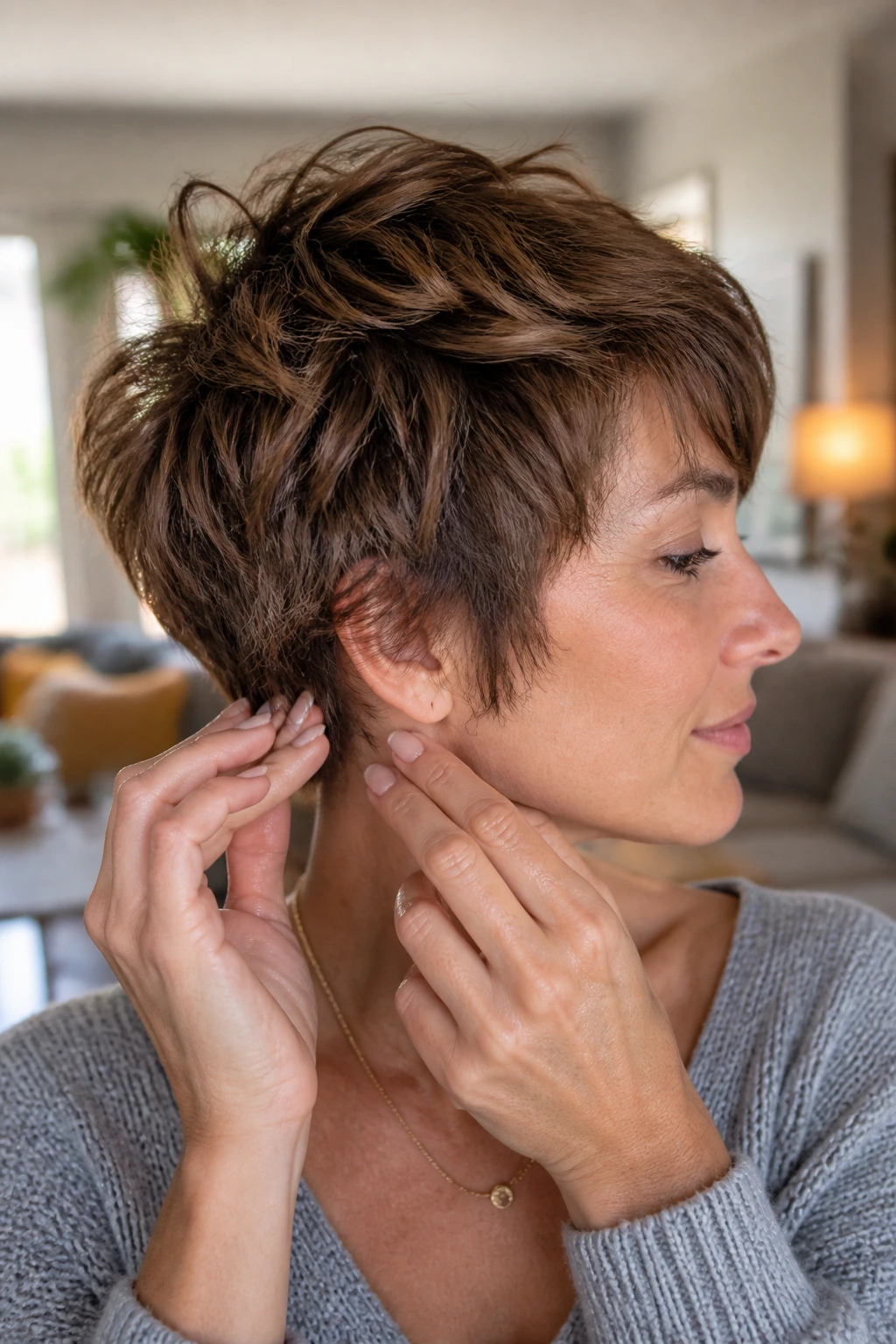 Close-up of hands applying texture booster to textured pixie