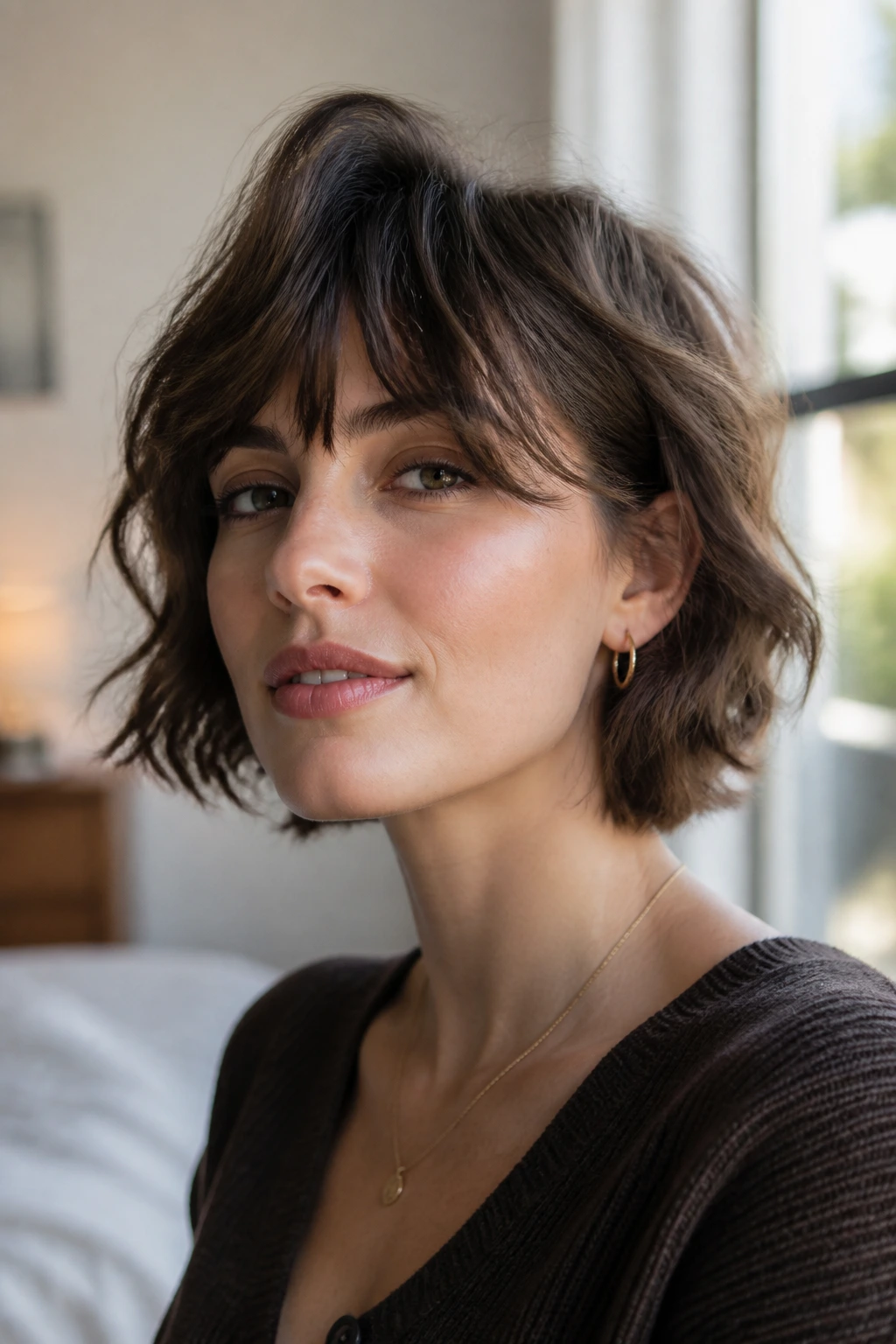 Portrait of a person with an airy crown and textured short shag.