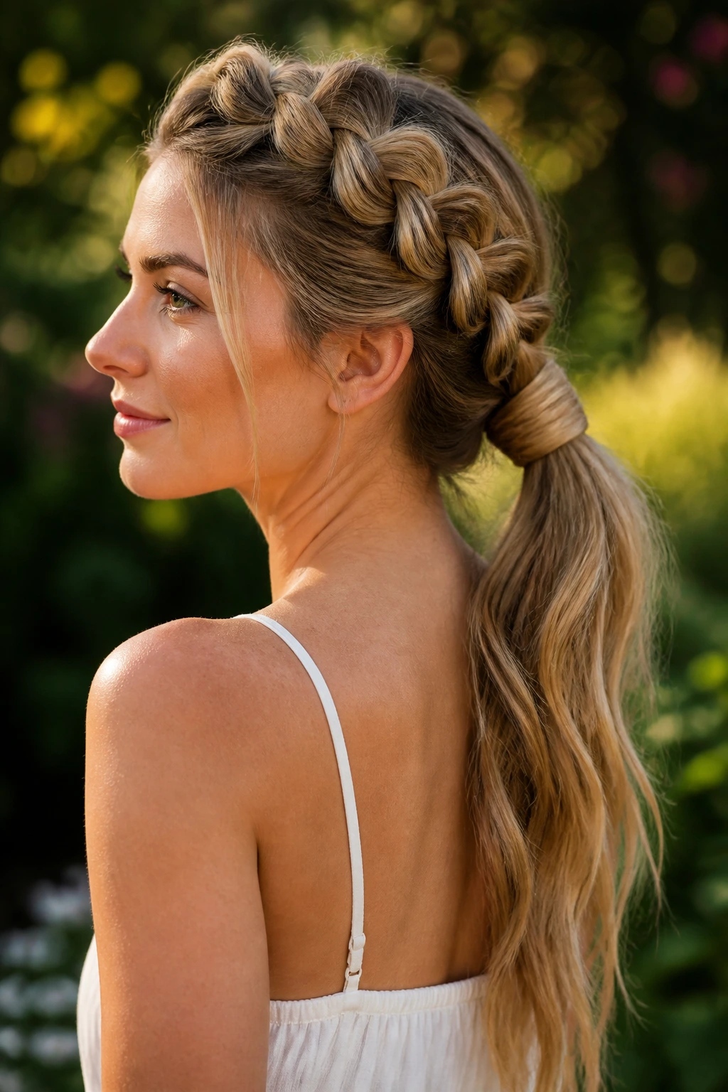 Woman with bubble braid crown and wrapped ponytail in golden-hour light