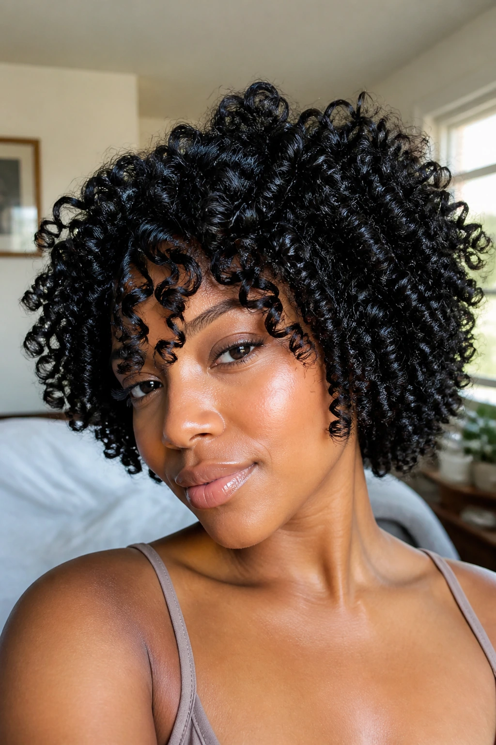 Close-up of a real person with dense, defined curl texture in a softly lit bedroom