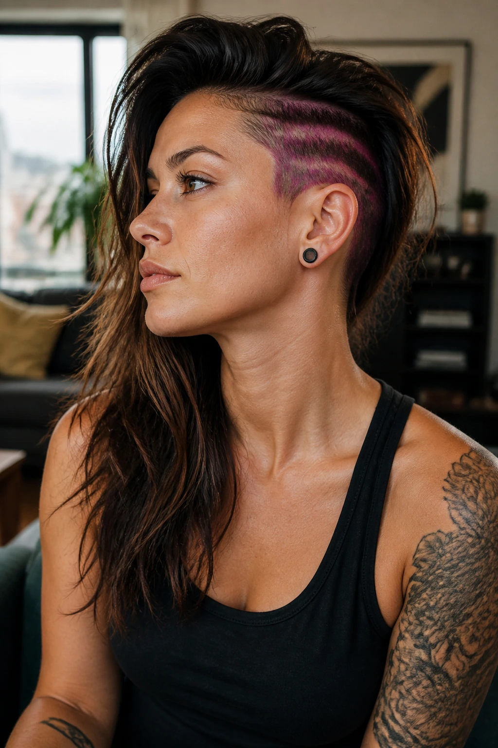 Portrait of a woman with textured long top and color streak on shaved undercut