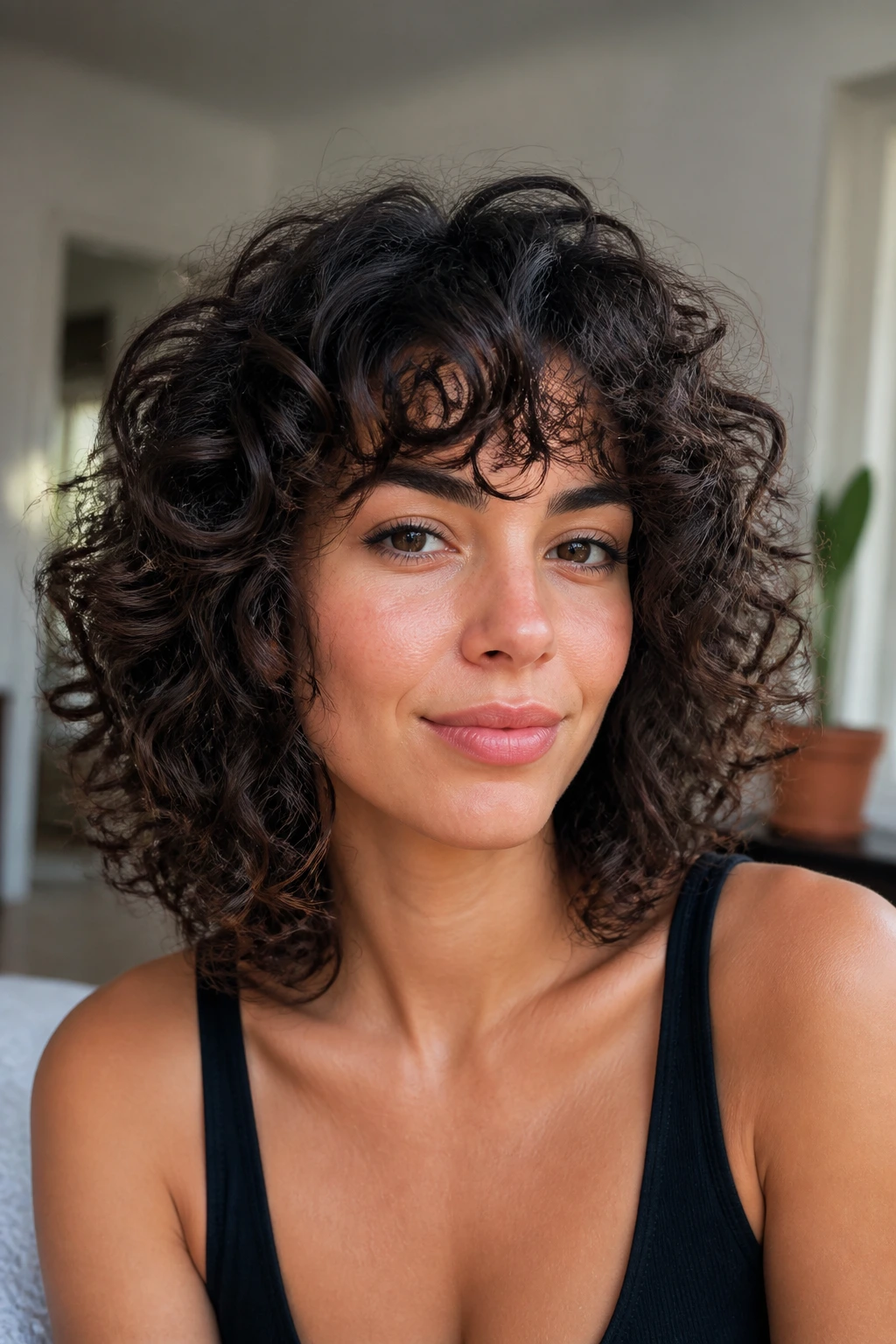 Portrait showing texture aware curly shag with defined curls on a real person