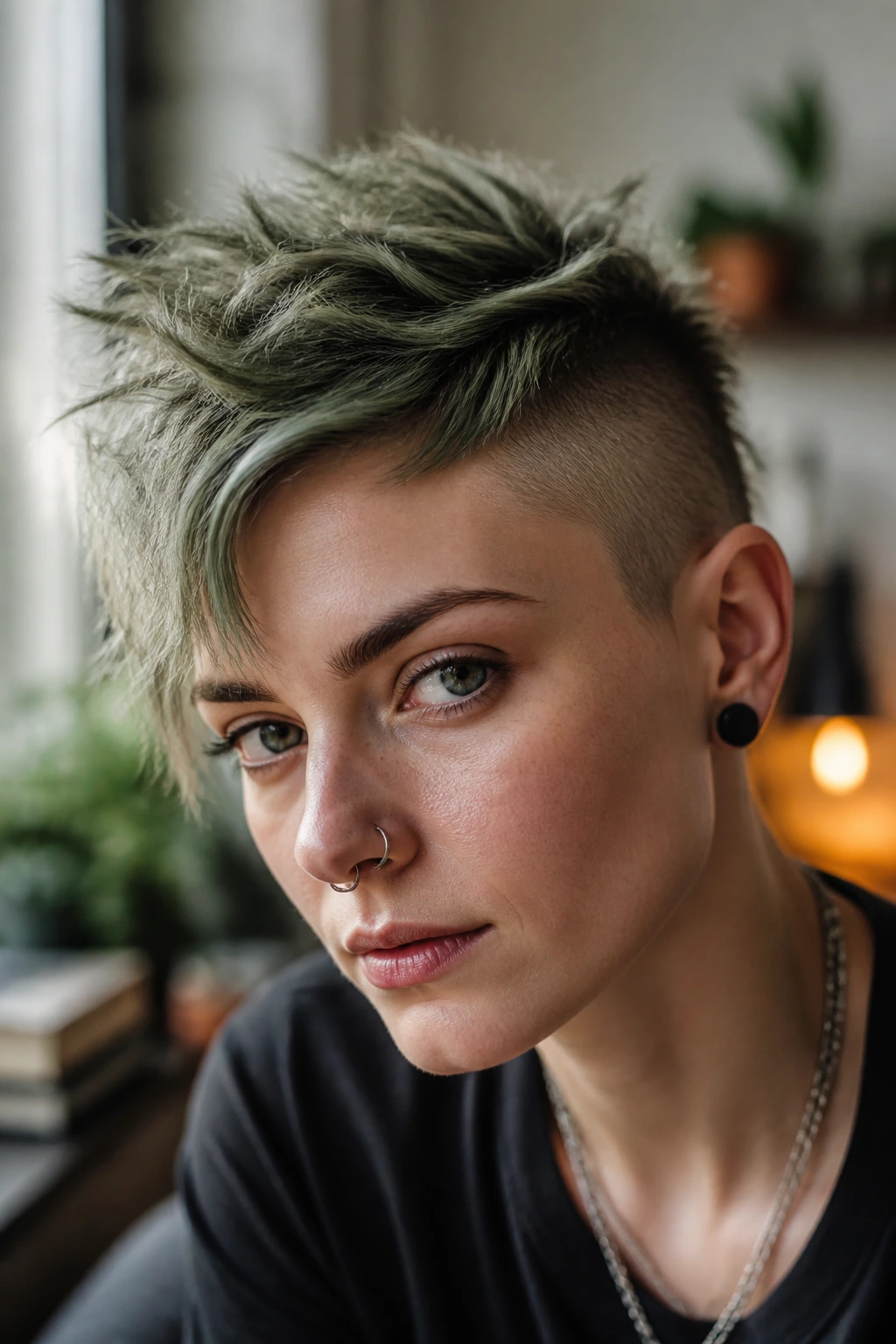 Portrait showing textured punk cut with visible texture and shaved sides in natural light.