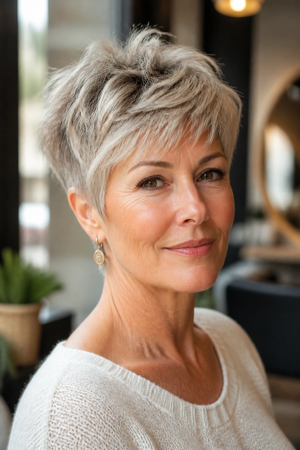 Close-up of an older woman showing textured short hair and density in soft window light.