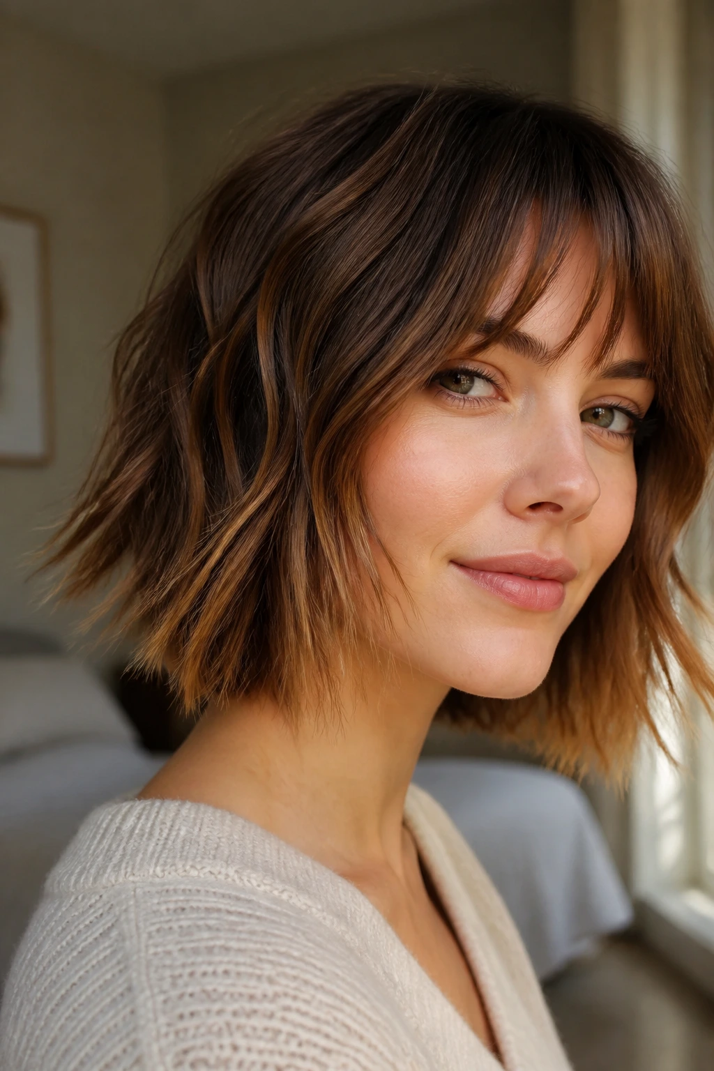 Real woman with a textured choppy bob showing movement at the ends in warm window light