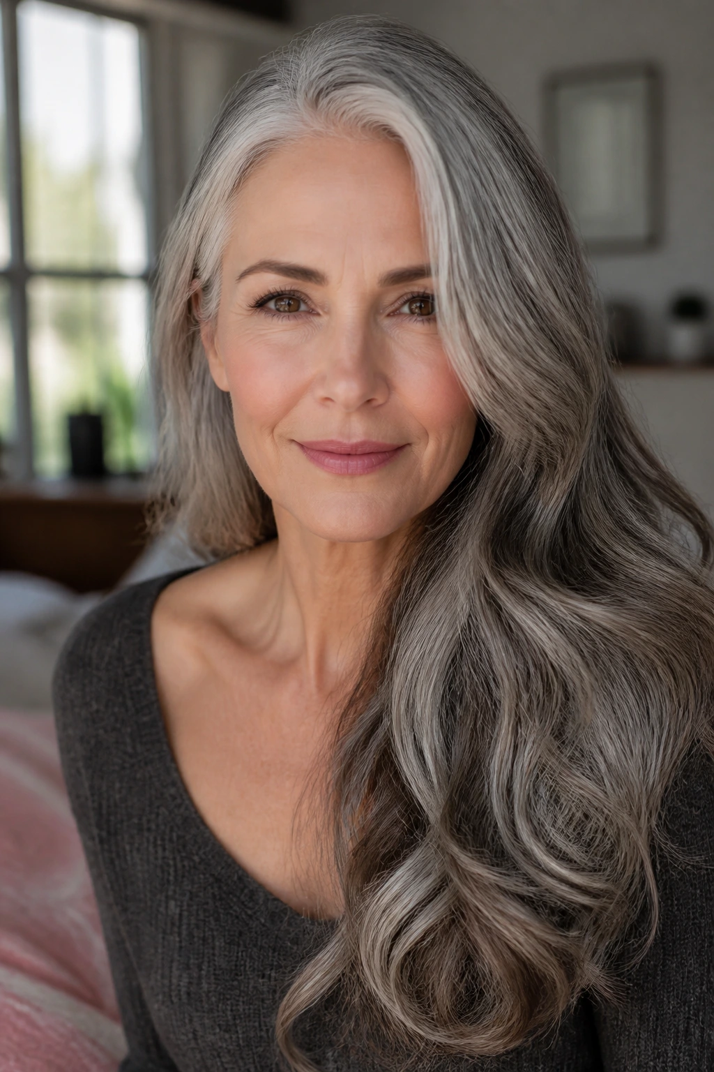 Portrait of a person with long gray hair styled in a side-part with soft waves