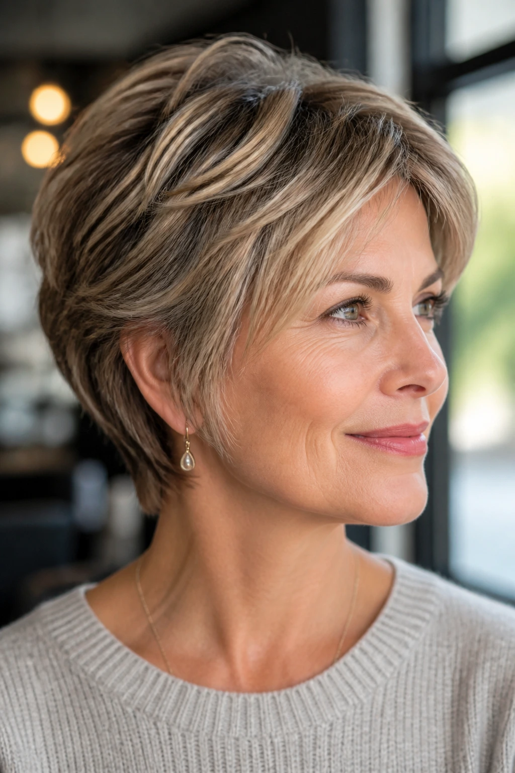 Close-up of textured short layered haircut on a woman