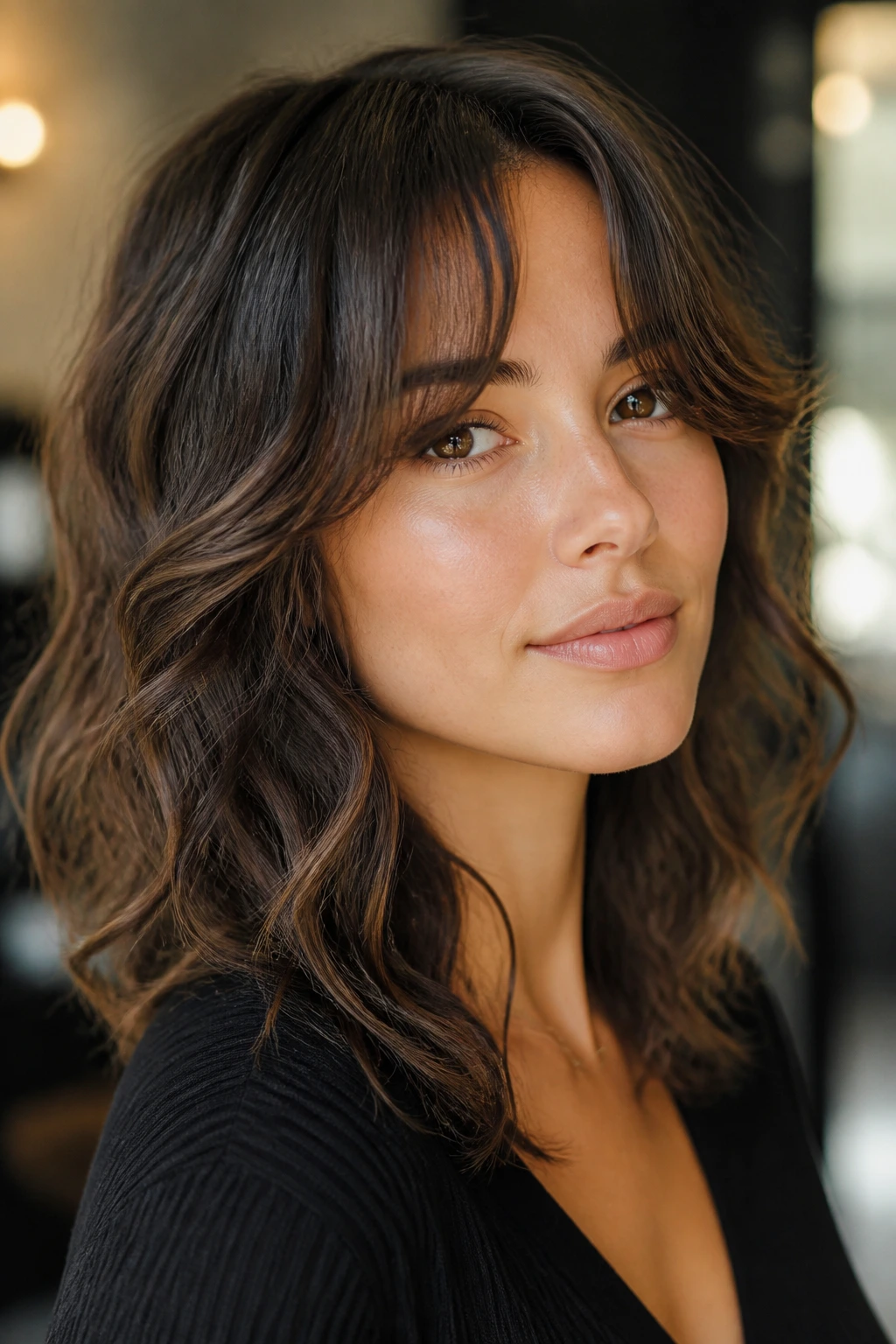 Portrait showing right cut for texture and face shape with curtain bangs