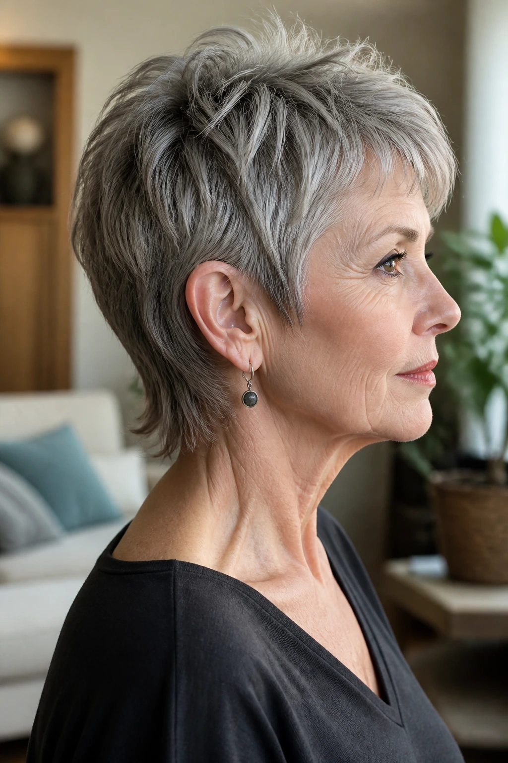 Profile view of older woman with pixie mullet showing balance for texture and face shape