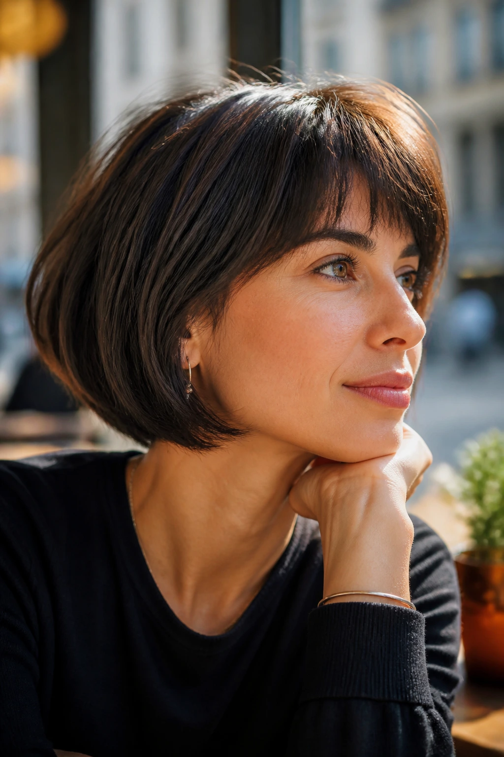 Portrait of woman with textured straight hair and blunt edge