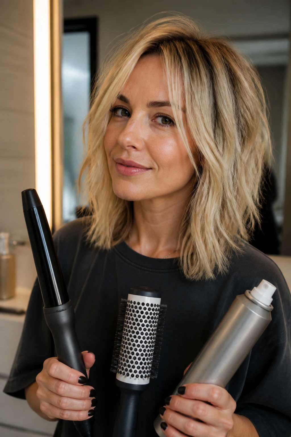 Close-up of a real woman showing textured blonde hair with lift