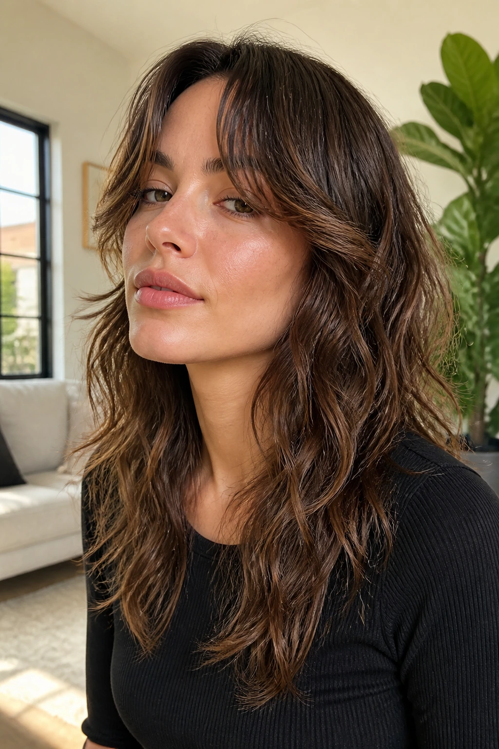 Real person with wolf cut showing wavy texture and curtain bangs in natural daylight