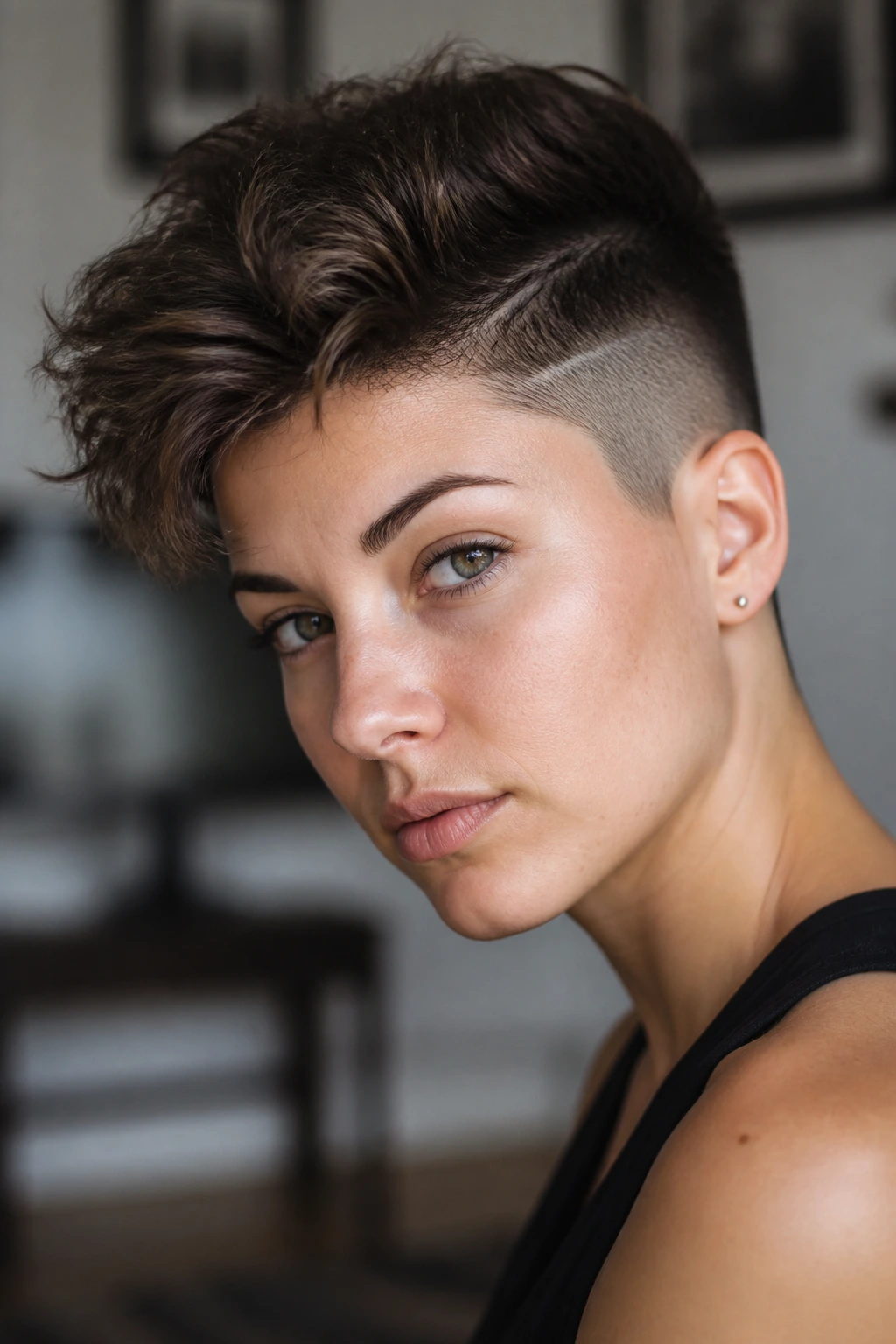 Close-up of a real person showing texture and hairline in a natural indoor setting.
