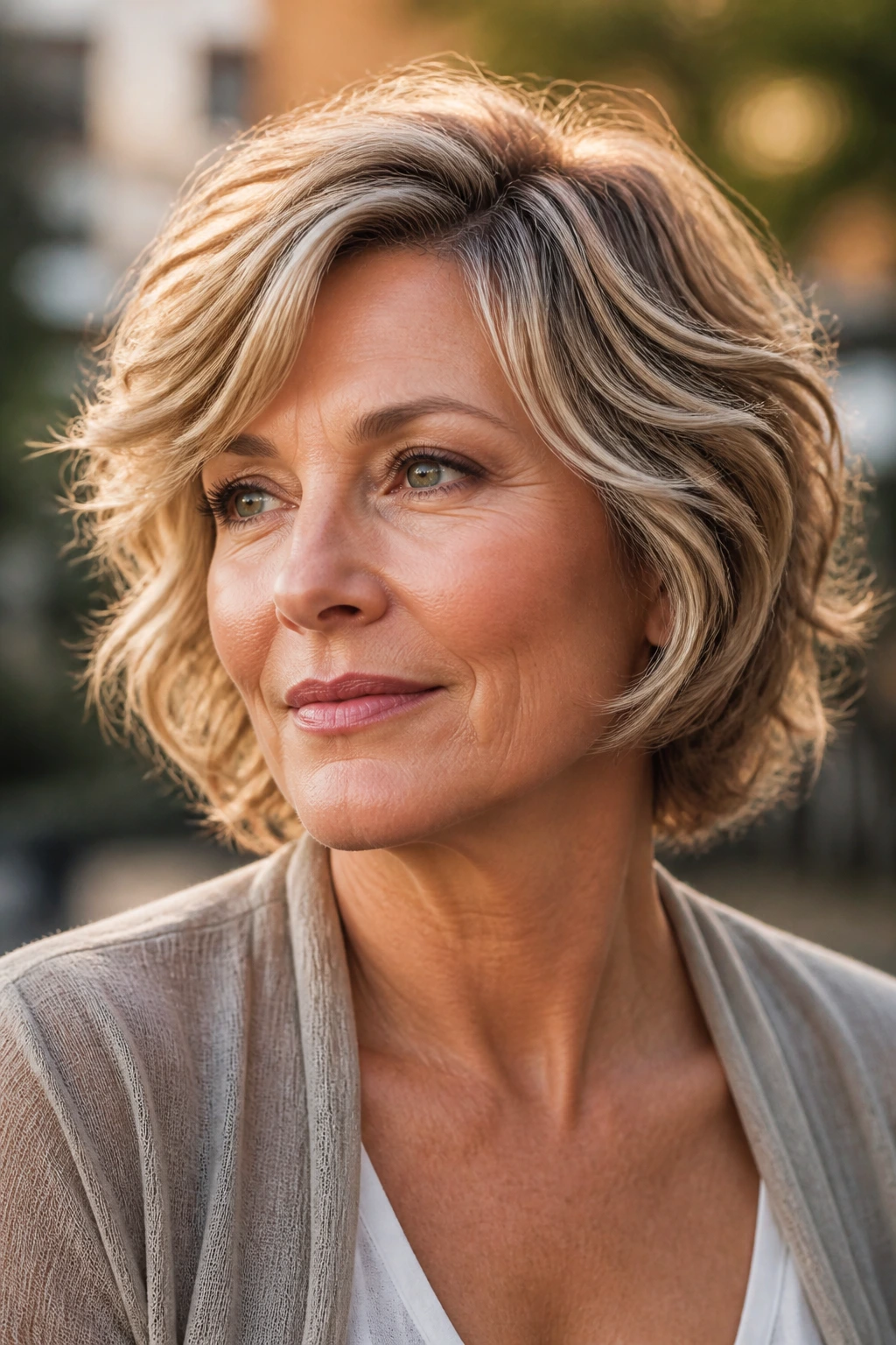 Real woman with lifted crown and textured ends in golden hour outdoor light.