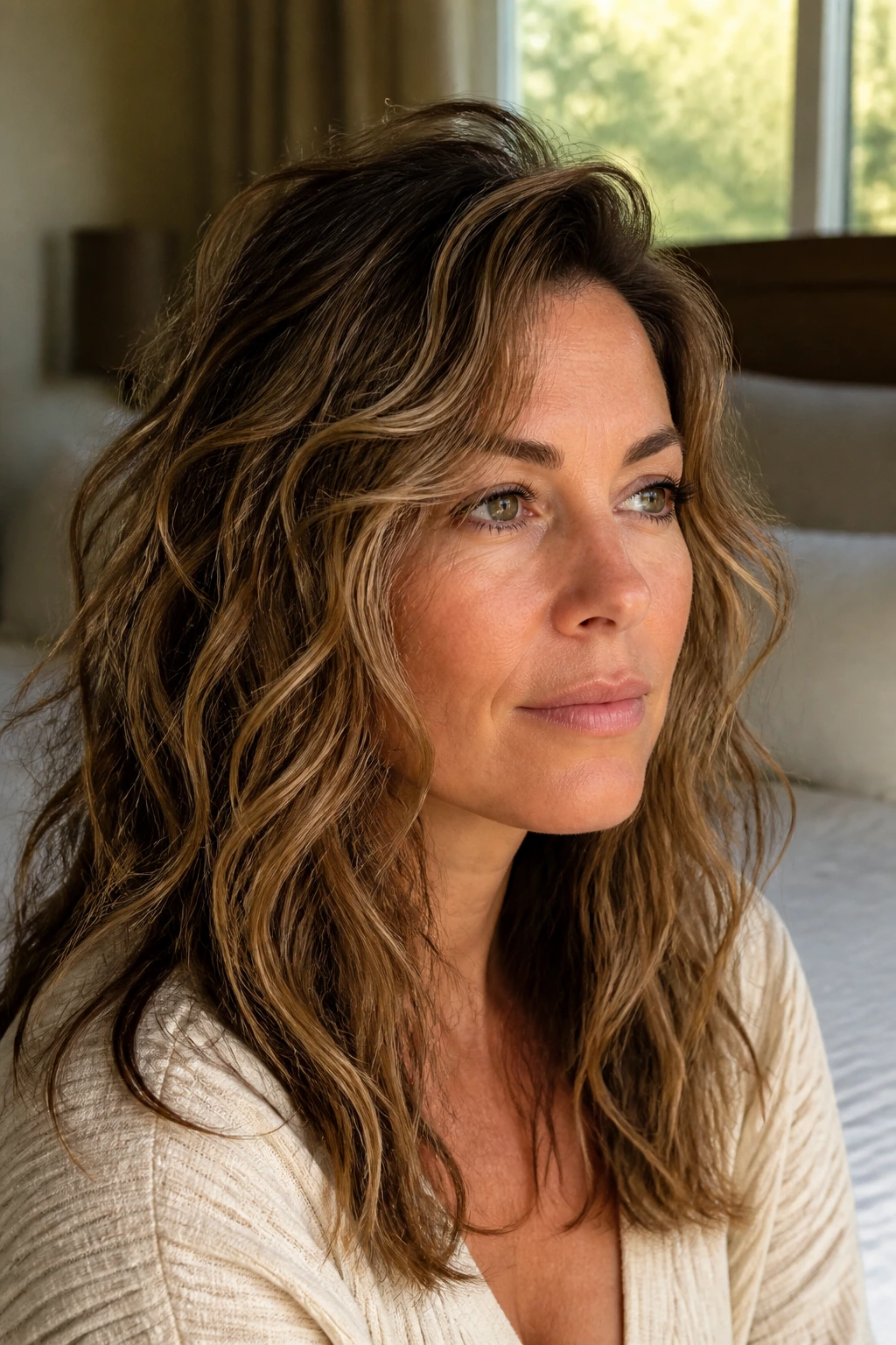 Close-up of a real woman with wavy hair showing crown lift and texture in soft bedroom light