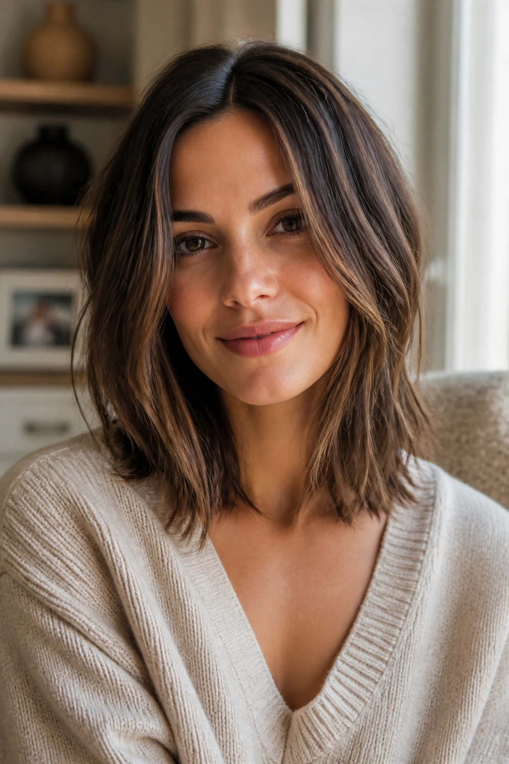 Close-up of a real person with textured lob ends and face-framing