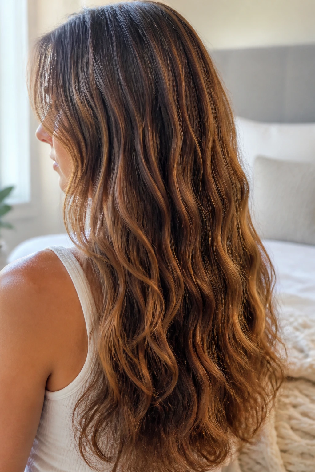 Long hair with varied texture from root to end in natural light