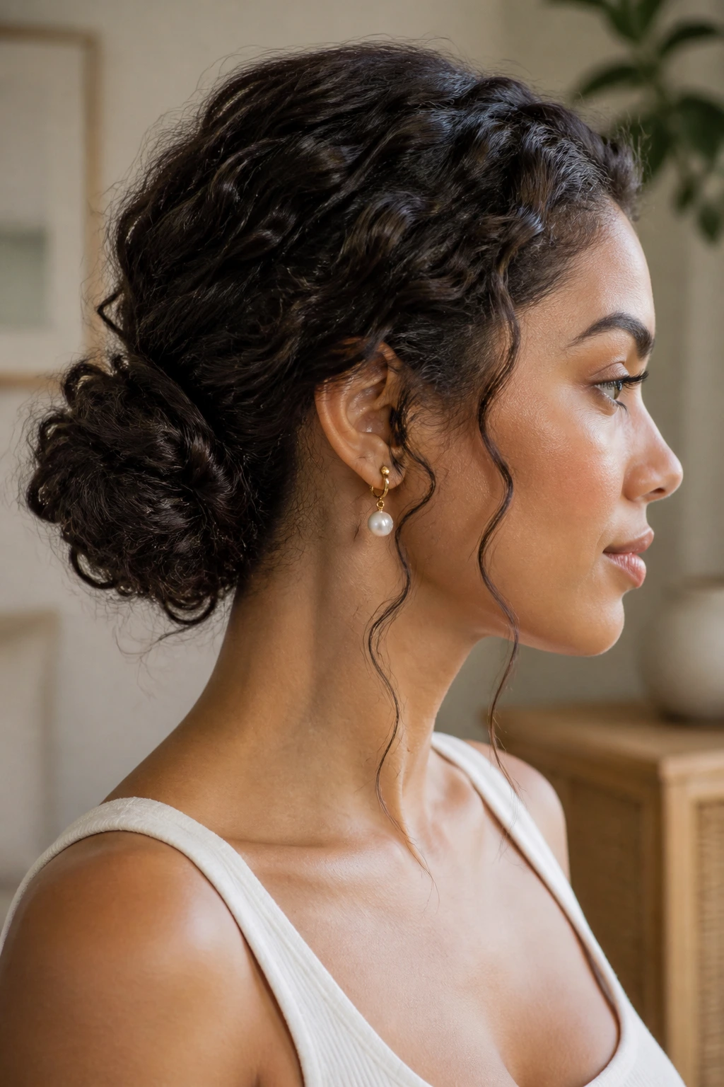 Portrait of a woman with a textured low bun suited to her length.
