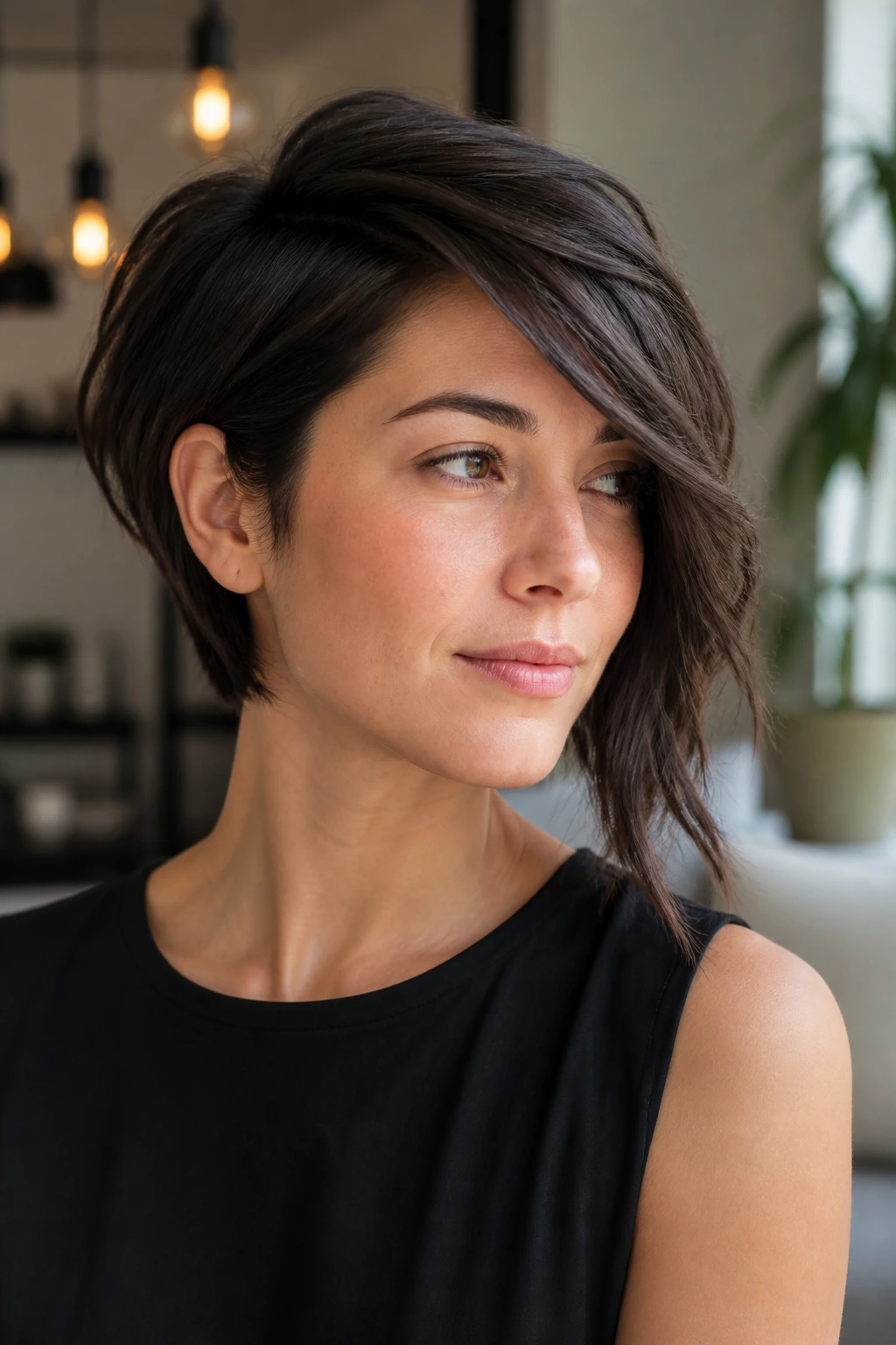 Real person with textured asymmetrical bob showing varied texture and mood.