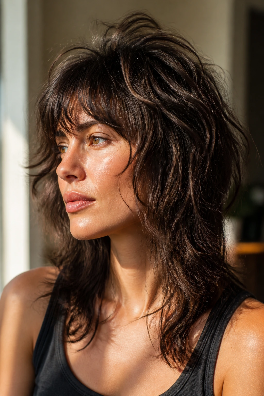 Real woman with textured rocker shag showing lift and texture