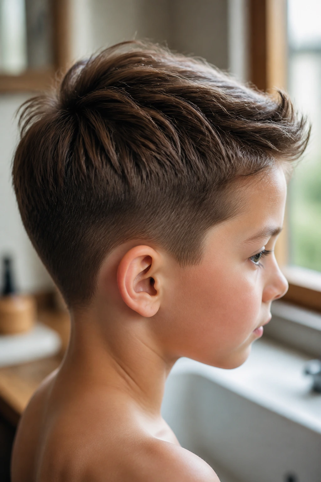 Close-up of a boy's textured haircut with natural part and tapered neckline in warm bathroom light