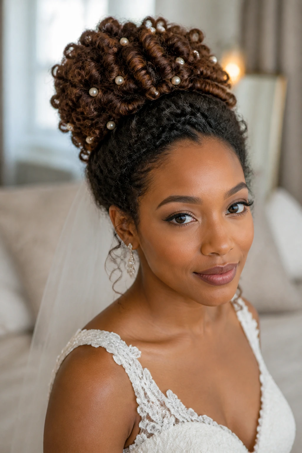 Bride with a natural texture puff and pearl pins.