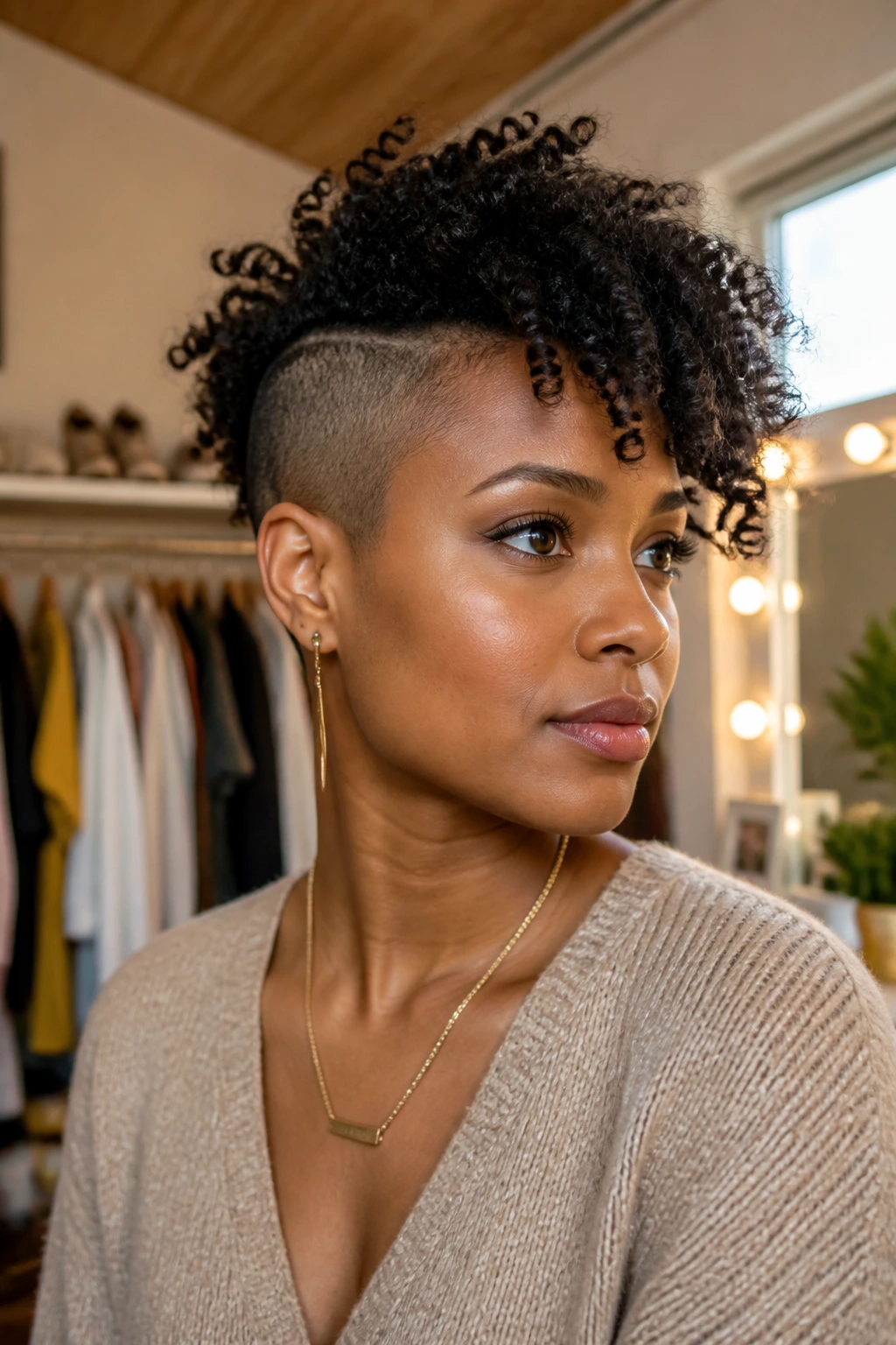 Portrait of a person with shaved side and textured top in a warm dressing room