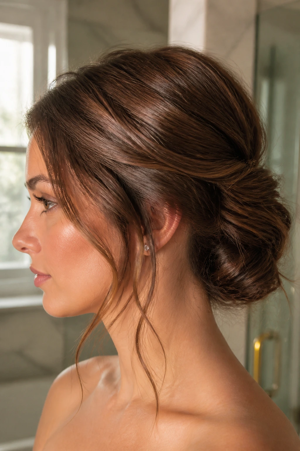Profile shot of textured, glossy-haired woman in soft natural light