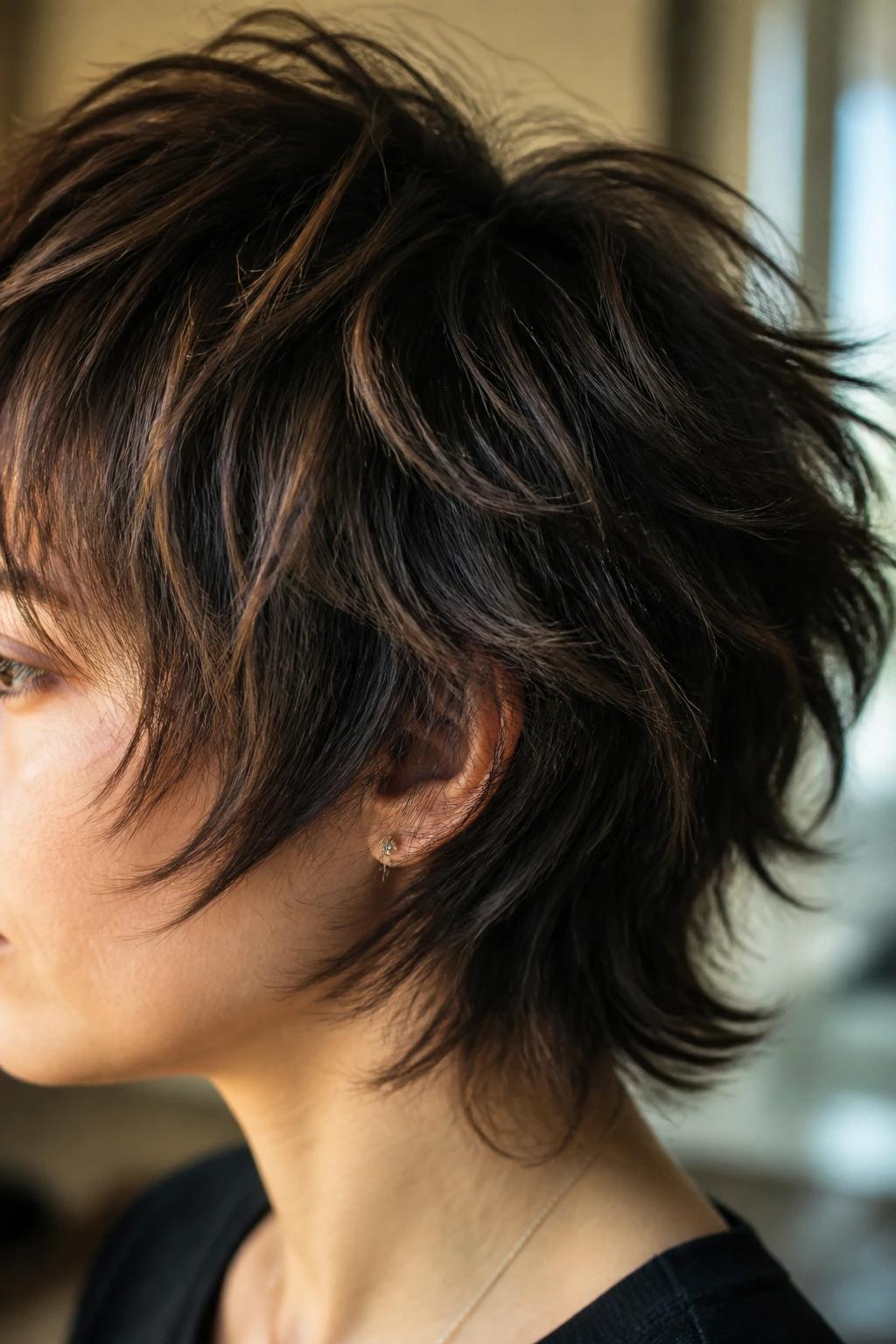 Macro close-up of textured hair in a short wolf cut